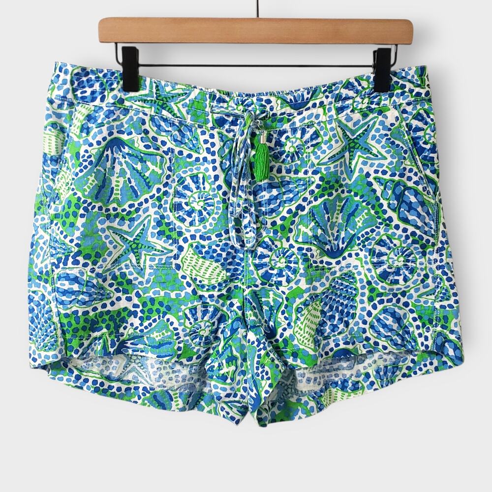 Hatley Hannah St. Bartley Linen Shorts Blue Green Seashells Sz Med Coastal Beach